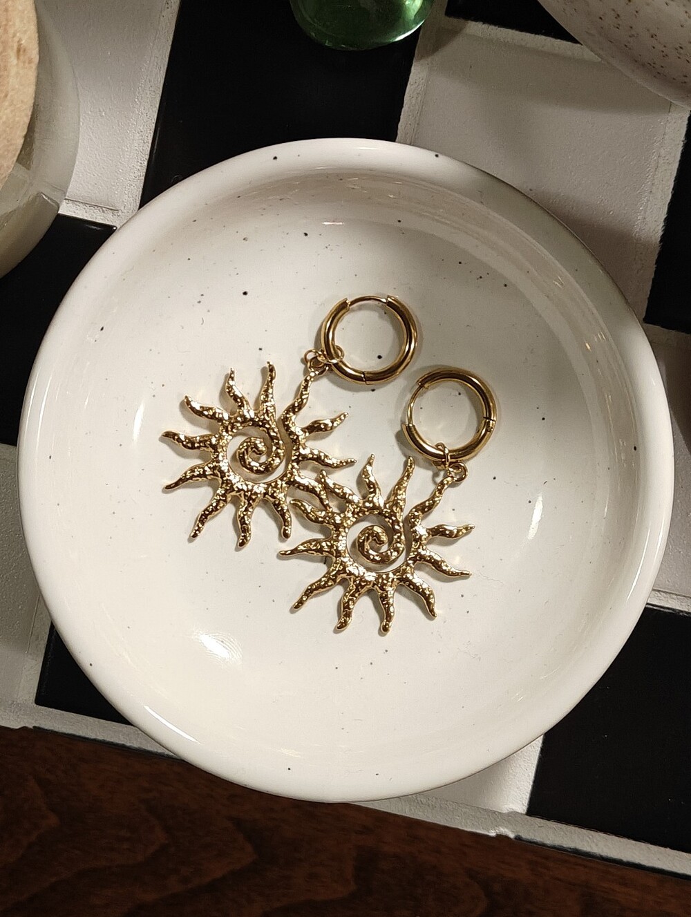 Gold stainless steel Sunburst Hoop Drop Earrings